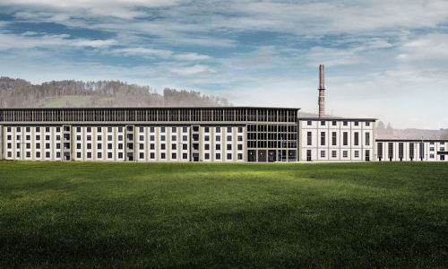Frontansicht auf den Bernapark mit bewölktem Horizont und saftgrüner Wiese im Vordergrund